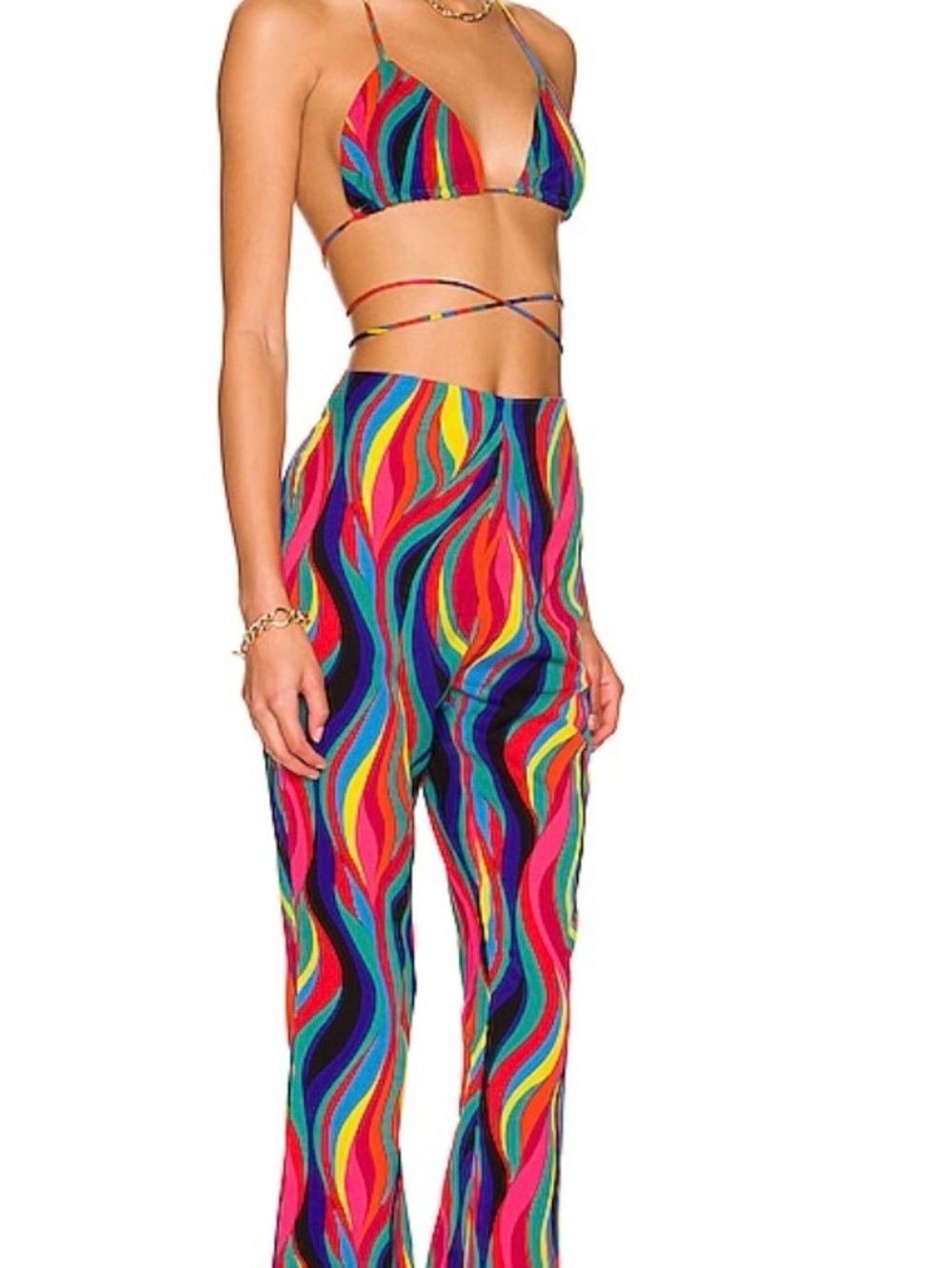 superdown Multicolor Wave-Print Wide Leg Pants and Bra Top Set